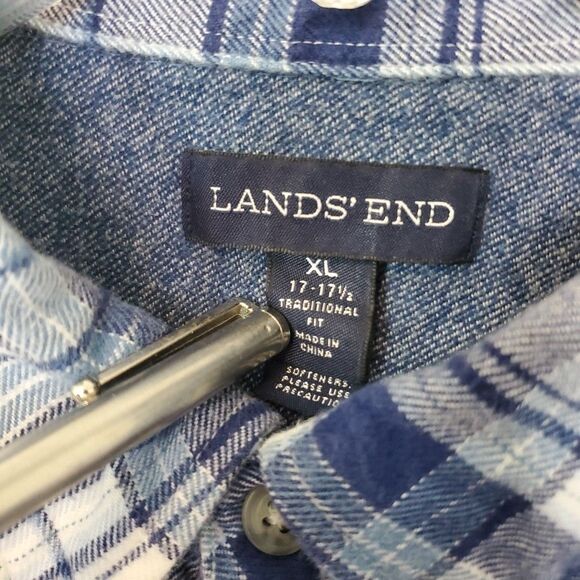 Lands End Men's Flannel Shirt Blue Plaid Traditional Fit Sz XL 17-17.5 - Picture 8 of 15